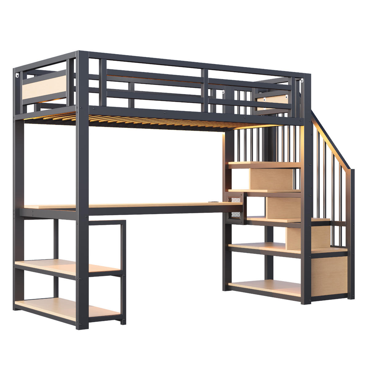 HOCHBETT 90/200 cm aus Metall mit LED-Lichtleiste, Steckdose, Tisch, Regalen und Aufbewahrungsleiter, Schwarz - Schwarz, Metall (90/200cm) - Redom