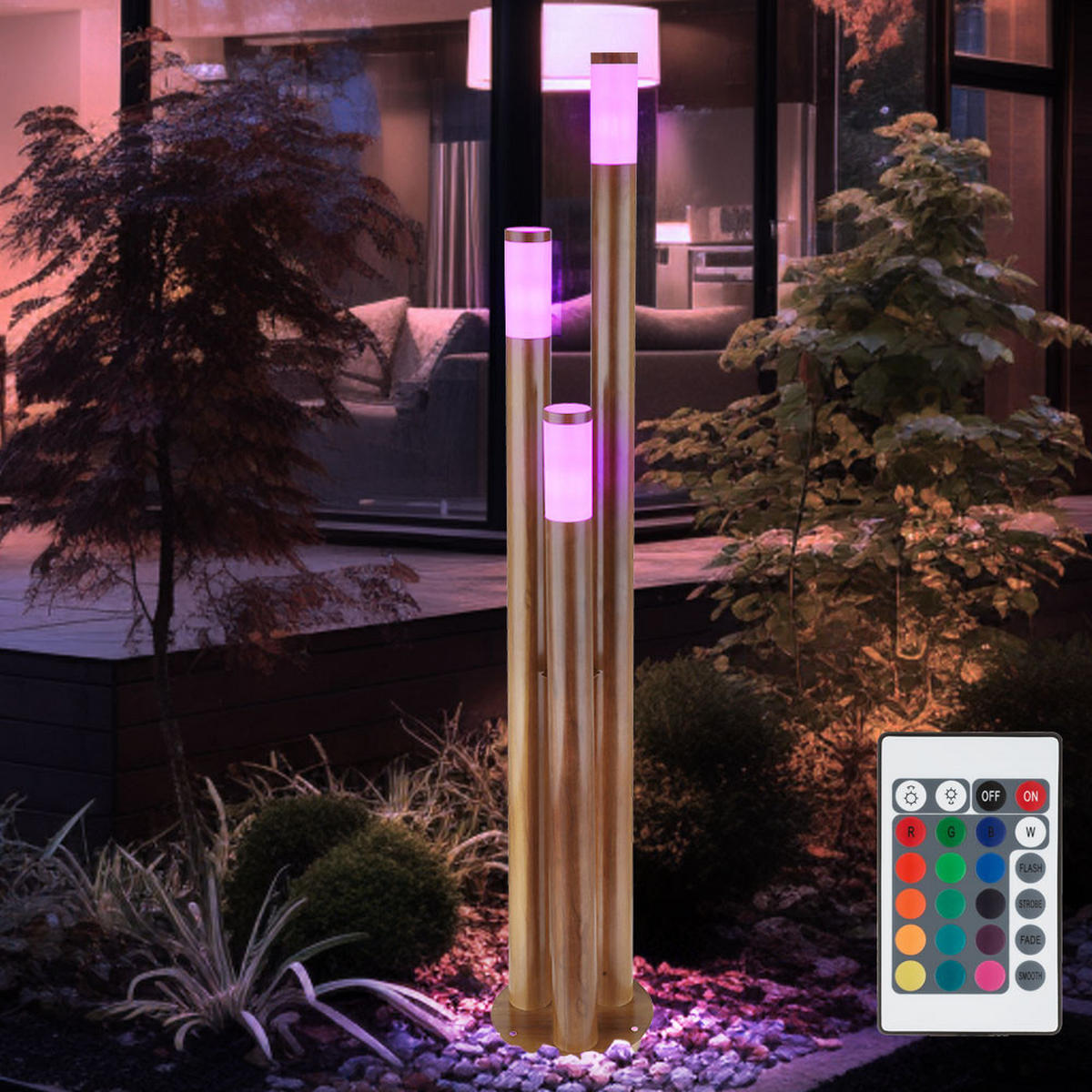 LED STEHLEUCHTE Edelstahl Braun Holzoptik - Braun, Kunststoff/Metall (28/28/170cm) - Globo Lighting