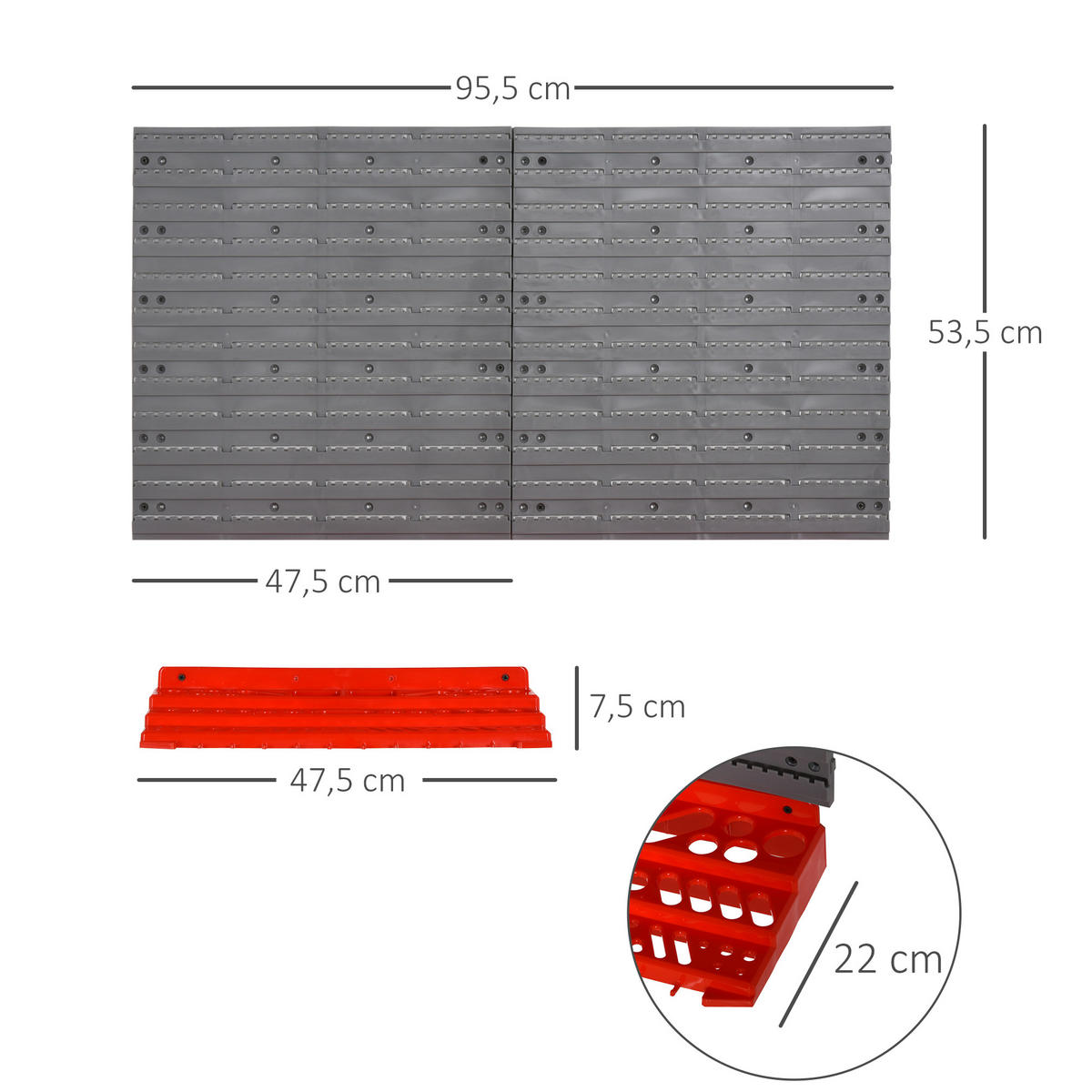 WERKZEUGLOCHWAND, Wandregal, Grau+Rot - Grau, Kunststoff (23/95.5/53.5cm) - DURHAND