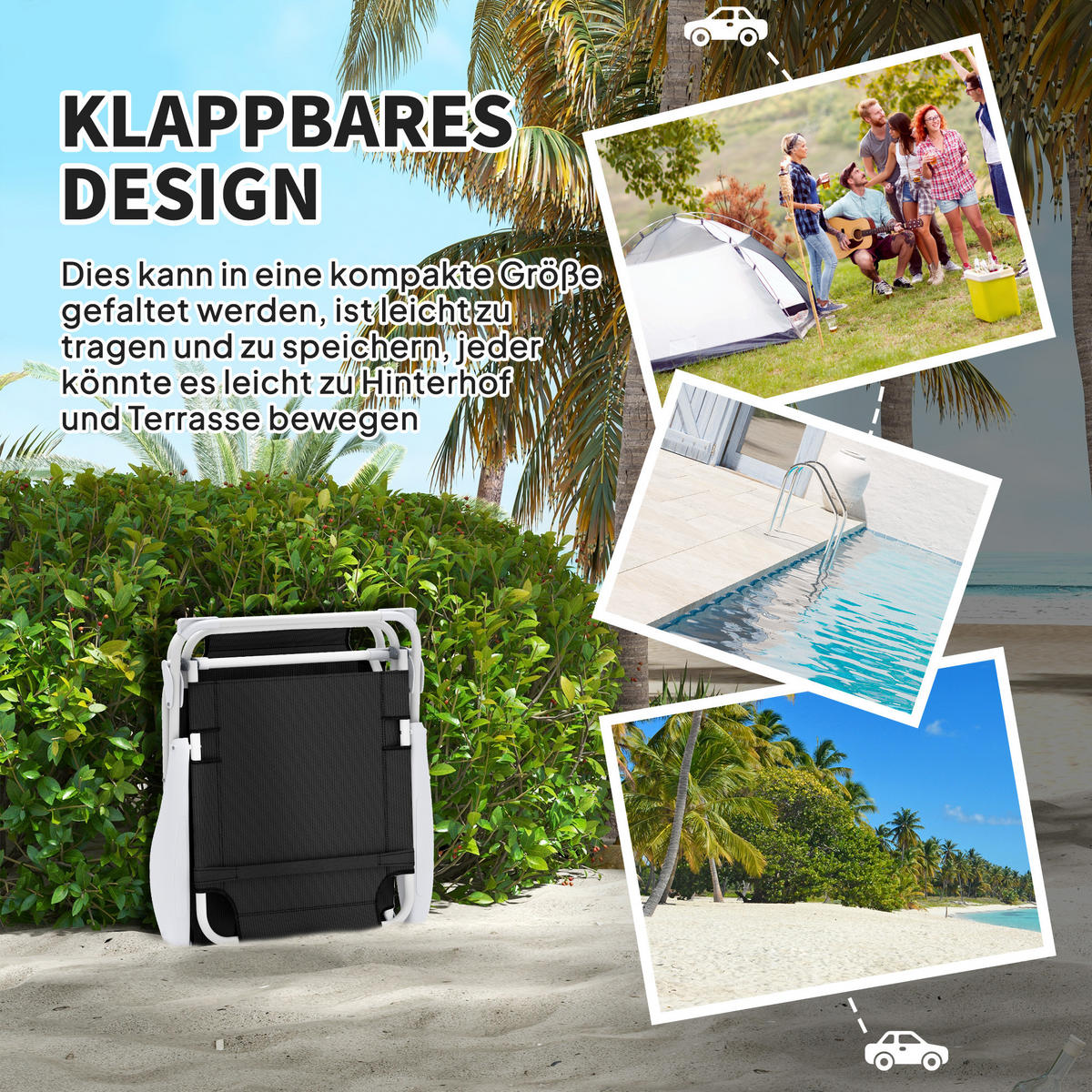 SONNENLIEGE mit Kissen Schwarz - Schwarz/Weiß, Textil/Metall (66/98/160cm) - Outsunny