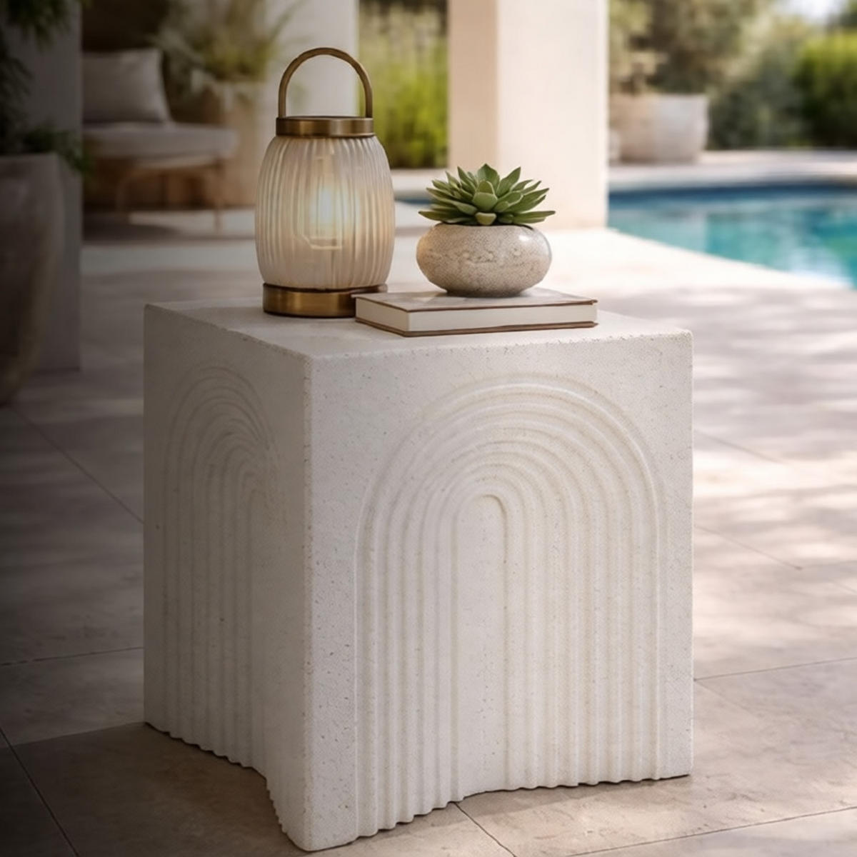 BEISTELLTISCH Arc, cremefarben, Magnesiumoxid (MgO), 40,5 x 40,5 x 50,5 cm - Creme, Stein (40.5/40.5/50.5cm) - Mauro Ferretti