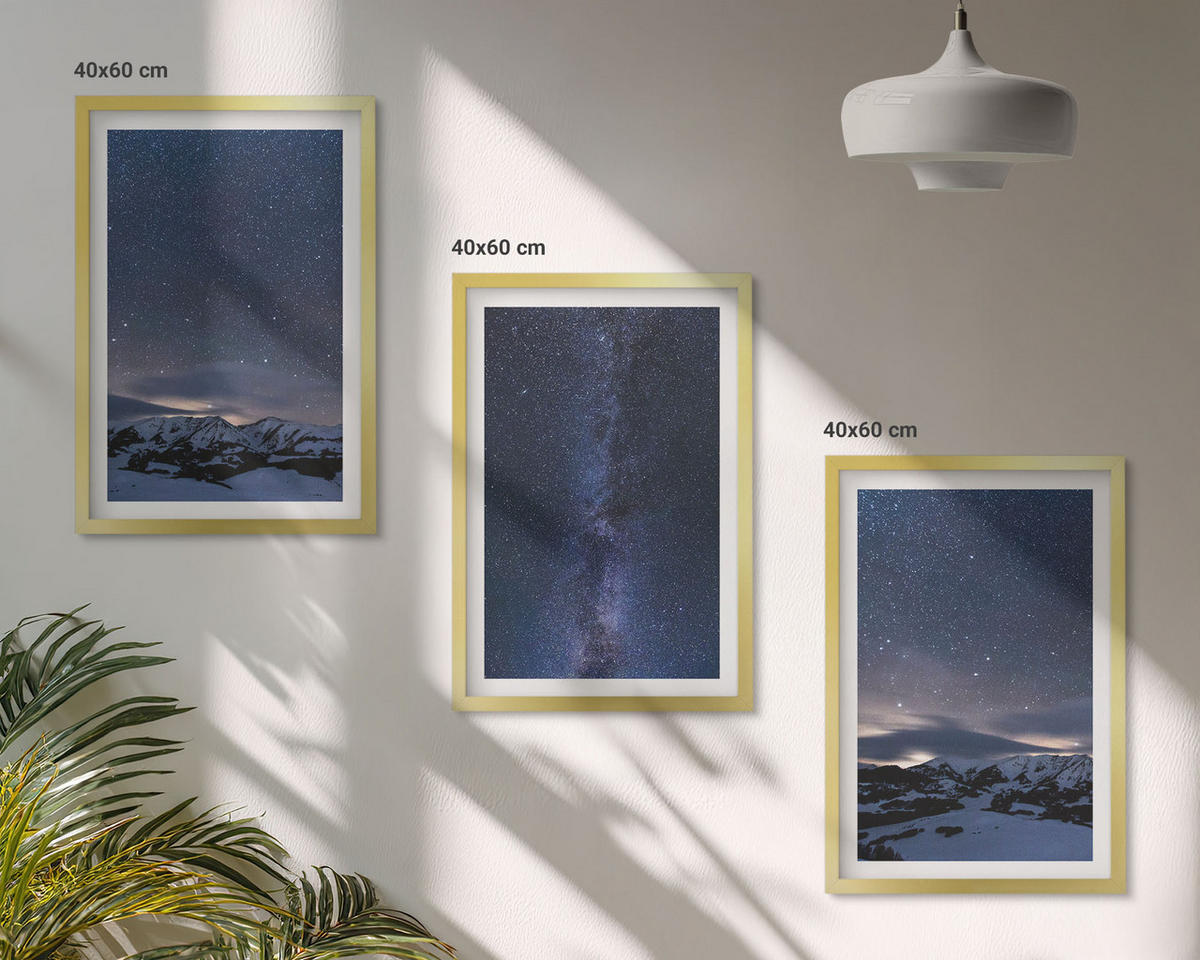 WANDBILDER 3er Set - 40x60 cm Goldrahmen - Nachthimmel, Berge, Sterne - Goldfarben, Kunststoff (40/60cm) - ArtPrintCave