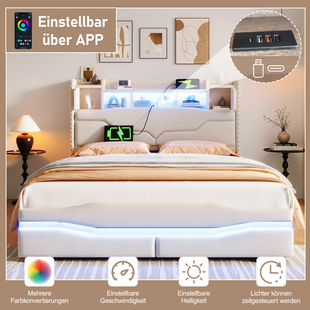 OBLAZINJENA lanena postelja 140/200 cm z LED osvetlitvijo, USB-C priključkom in hidravličnim shranjevanjem, Bež - bež, tekstil (140/200cm) - Redom