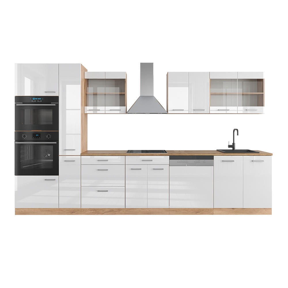KÜCHENZEILE R-Line Weiß Hochglanz/Goldkraft Eiche 350 cm mit Hochschrank, ohne Arbeitsplatte - Honigeiche/Weiß Hochglanz, Holzwerkstoff (350/206.8/46cm) - Vicco