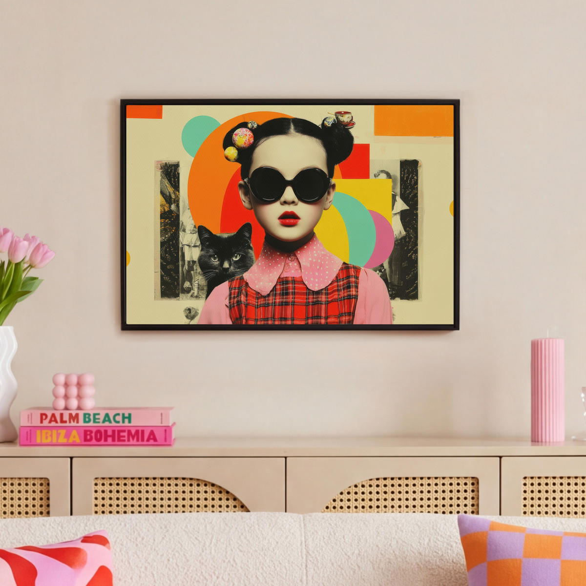 LEINWAND Bilder mit Rahmen - Mädchen - Sonnenbrille - Katze - Retro - 60x40 - Beige, Textil (60/40cm) - MuchoWow