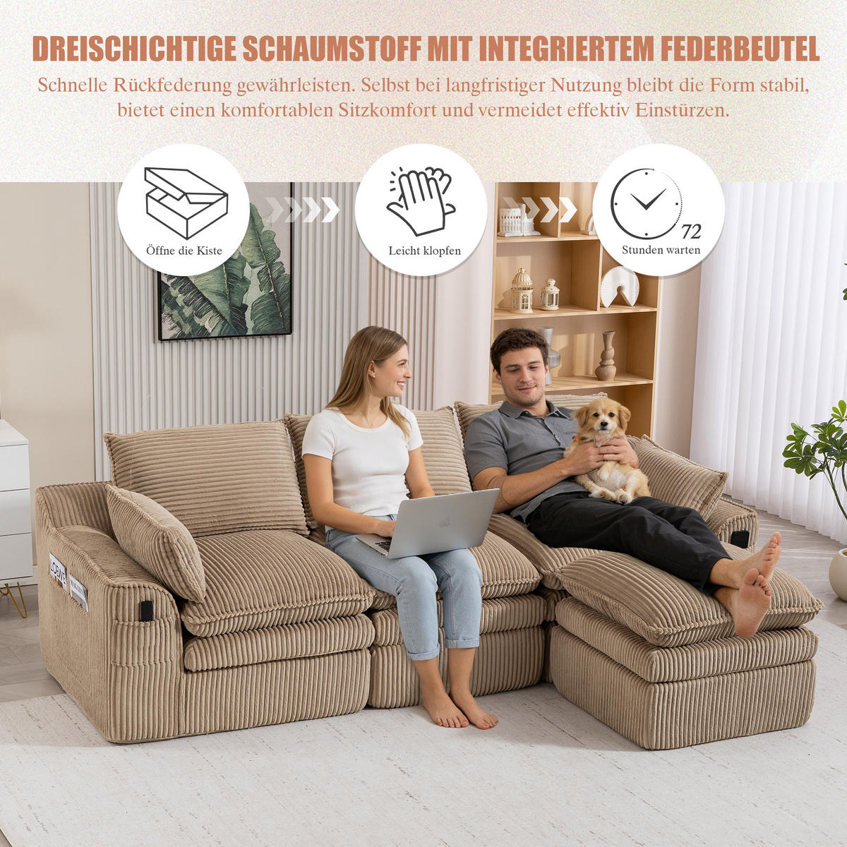 3-SITZER ECKSOFA Cord Khaki mit Hocker und Kissen - Hellbraun, Textil (263/167cm) - WISHDOR