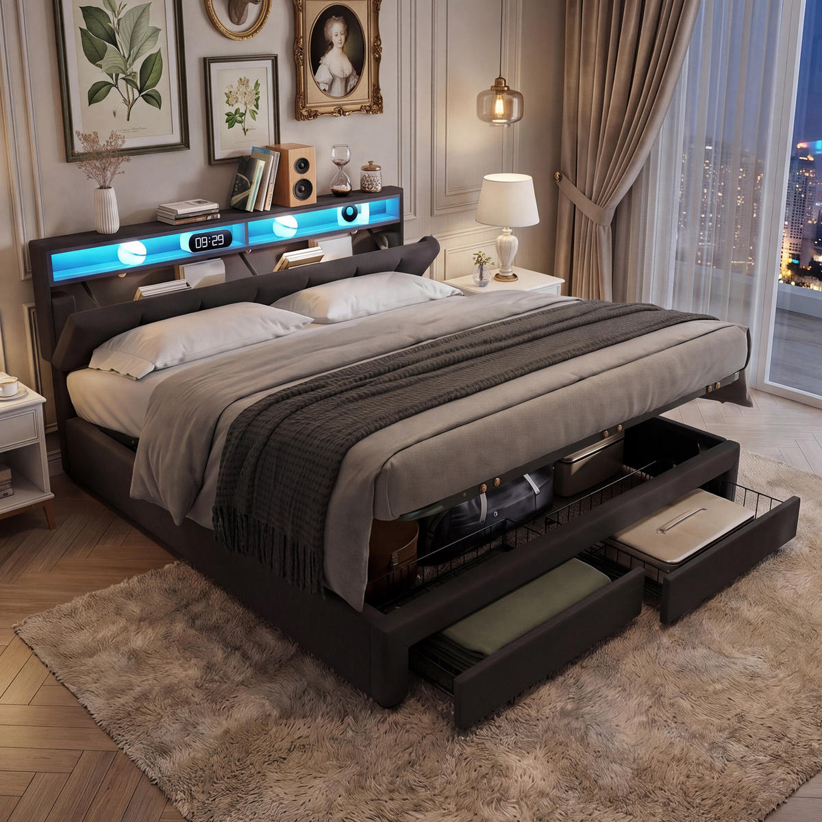 POLSTERBETT 160x200 cm mit Bettkasten, LED und 2 Schubladen, Lattenrost, höhenverstellbares Kopfteil, Grau - Grau, Holz/Textil (160/200cm) - GENKI LIVING