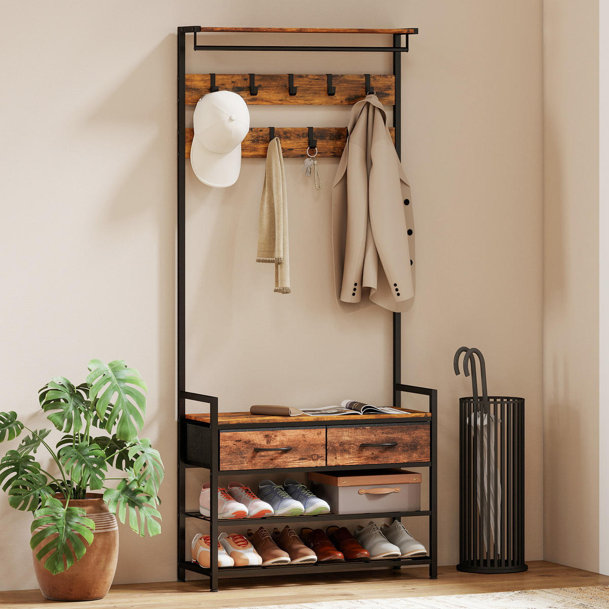 GARDEROBENSTÄNDER aus Spanplatte Rustikal Braun - Braun, Holzwerkstoff (30/181.5/80cm) - HOMCOM