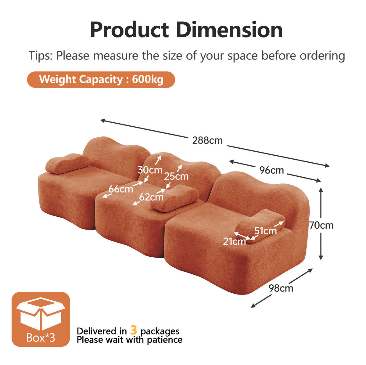 MODULARES 3-Sitzer-Sofa aus Samt mit tiefer Sitzfläche Orange - Orange, Textil (98/70/288cm) - Modenvie