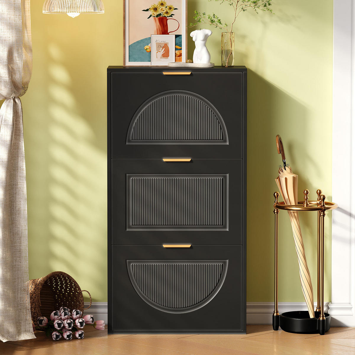 SCHUHSCHRANK Schmal 3 Klappen Schwarz 60x24x114cm - Schwarz, Holzwerkstoff (24/114/60cm) - FLIEKS