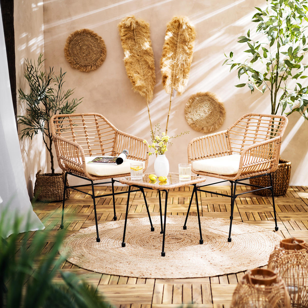 BALKONSET - Polyrattan / Stahl - Beige / Schwarz - 3-teilig - Beige/Schwarz, Naturmaterialien/Glas - home24