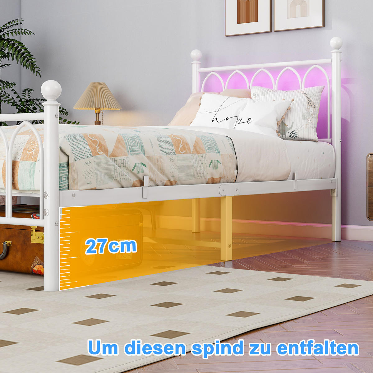 METALLBETT 90x200 cm LED USB Vintage weiß - Weiß, Metall (90/200cm) - LEBENLANG