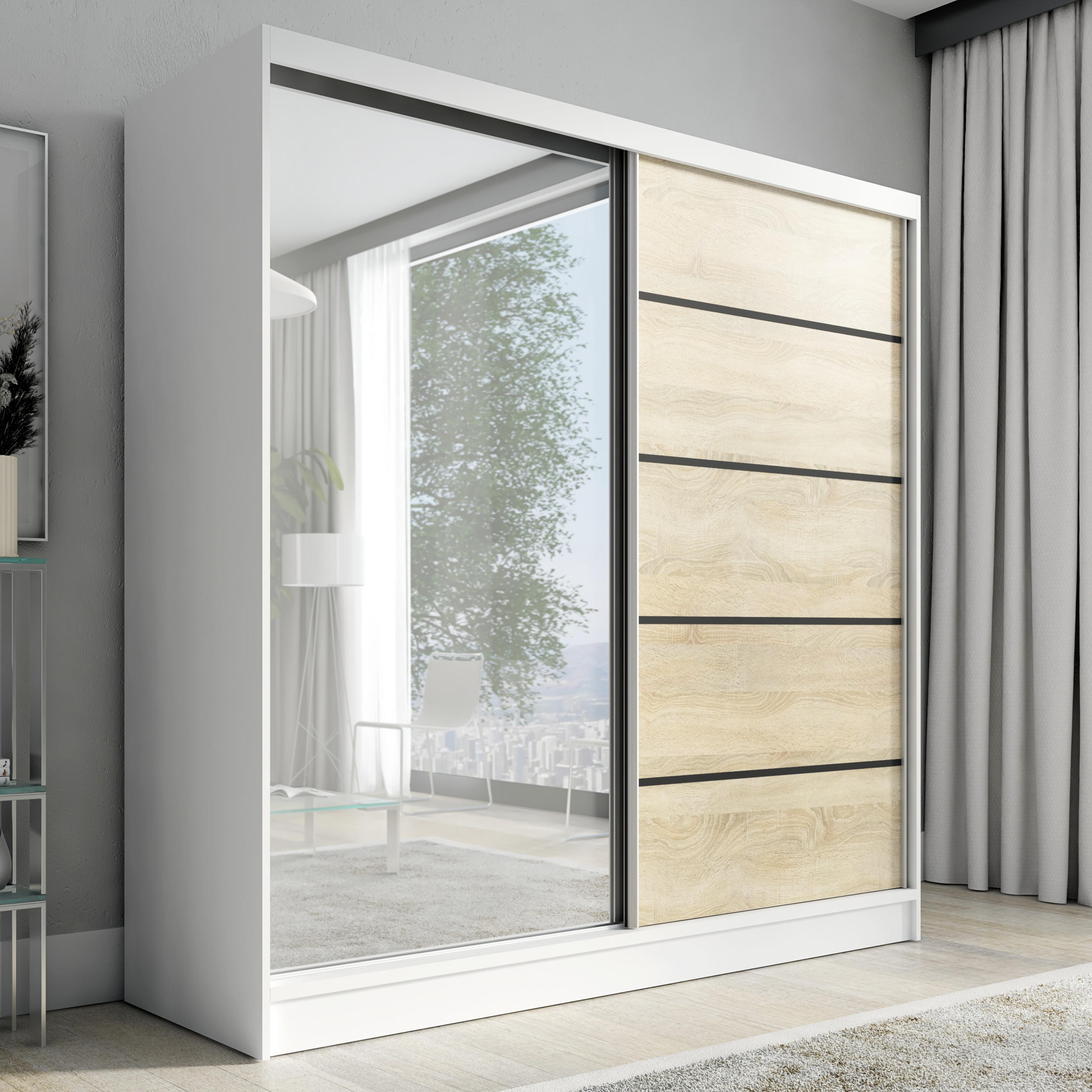 SCHWEBETÜRENSCHRANK 200 cm NERO 2 Farbe: Weiß | sonoma - Weiß/Braun, Holzwerkstoff (200/215/60cm) - A&J MöbelLand