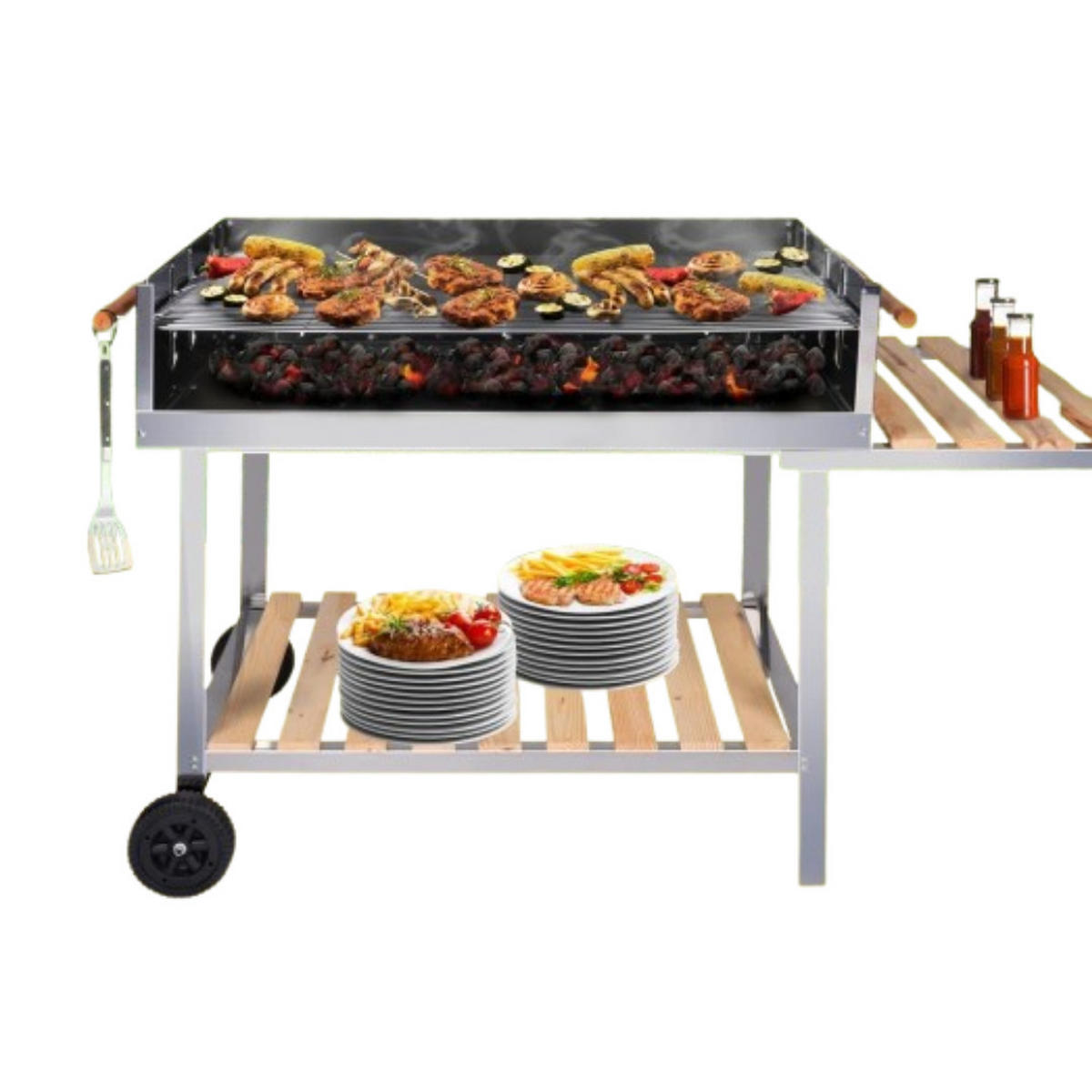 GRILLWAGEN Edelstahl 145 cm Holzkohlegrill mit Ablageflächen und Grillrost - Silberfarben/Schwarz, Holz/Metall (60/90/145cm) - Resch