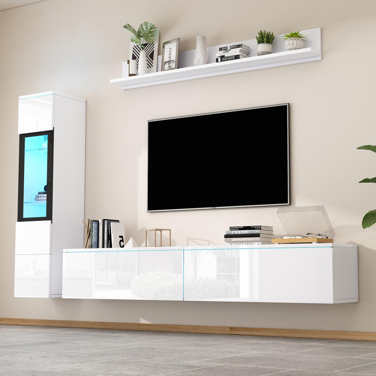 WOHNWAND 3-tlg. mit LED 180 cm Weiß Hochglanz - Weiß, Holzwerkstoff (30/130/207cm) - Beauniv