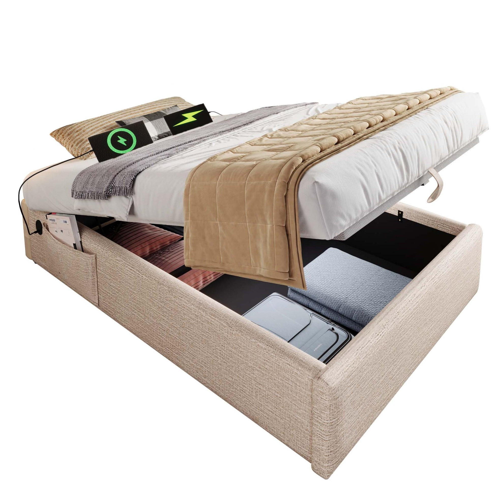 POLSTERBETT 90/190 cm mit Bettkasten und USB-C, ohne Kopfteil - Beige, Textil (90/190cm) - BEAOK