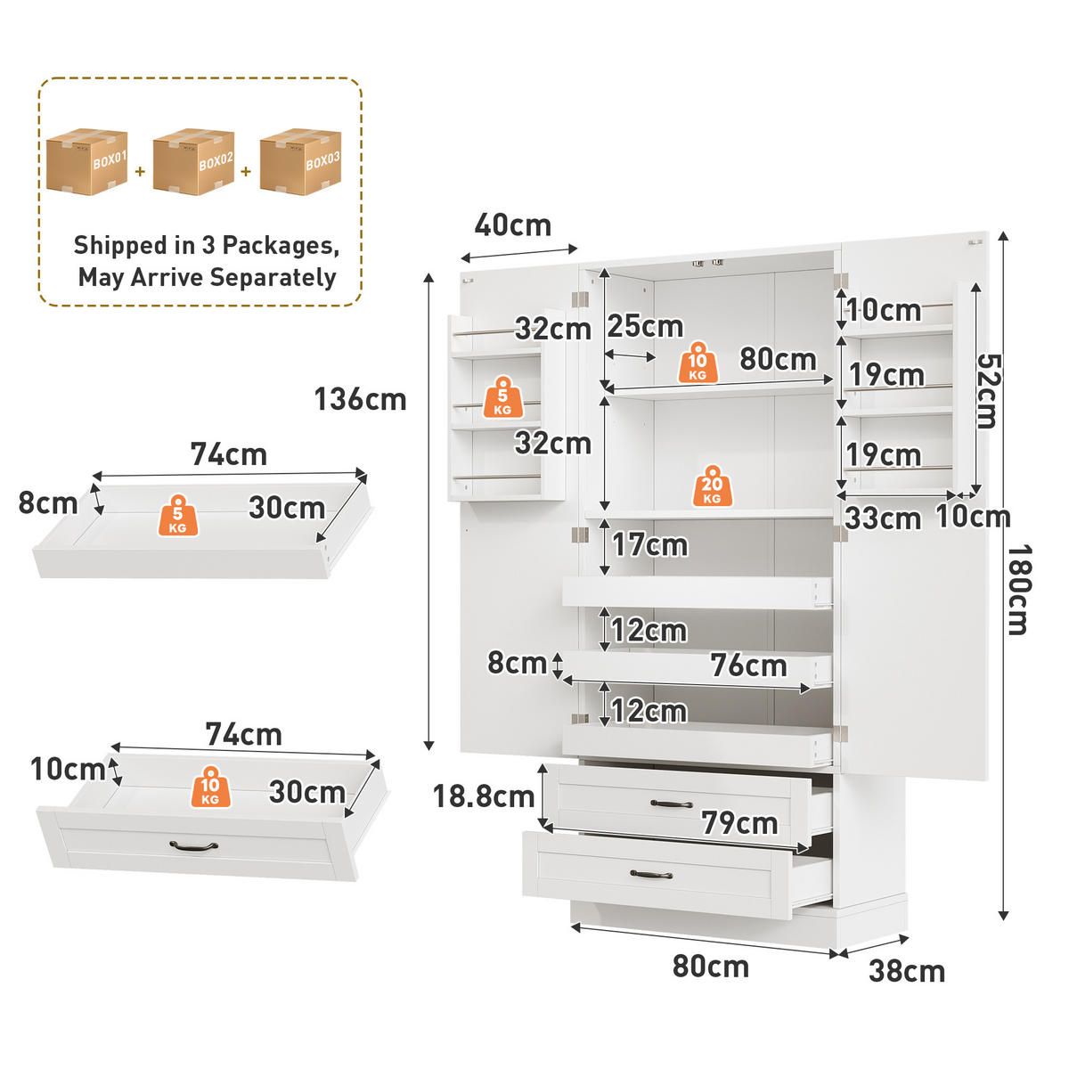GESCHIRRSCHRANK 180 cm MDF Weiß mit Ausziehböden und Schubladen - Weiß, Holzwerkstoff (37.5/180/80cm) - Korfee