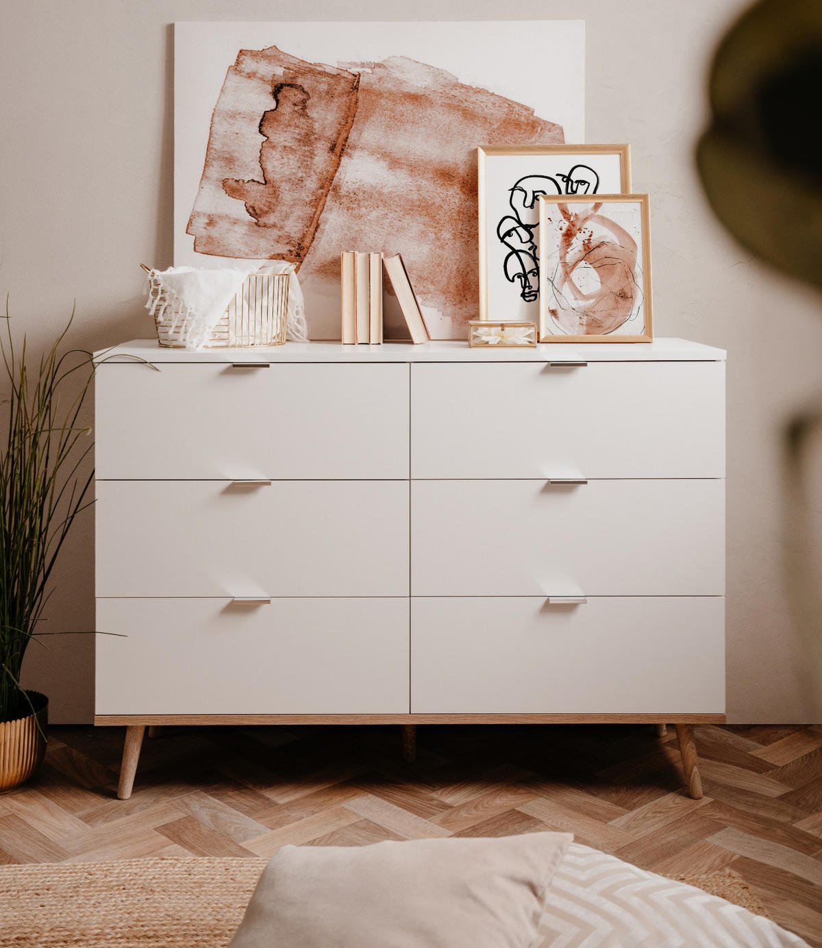 SCHUBLADENKOMMODE weiß matt, Eiche Sonoma massiv 120 cm, Kommode mit 6 Schubkästen - Chromfarben/Eichefarben, Holz/Holzwerkstoff (120/87/40cm) - Furn.Design