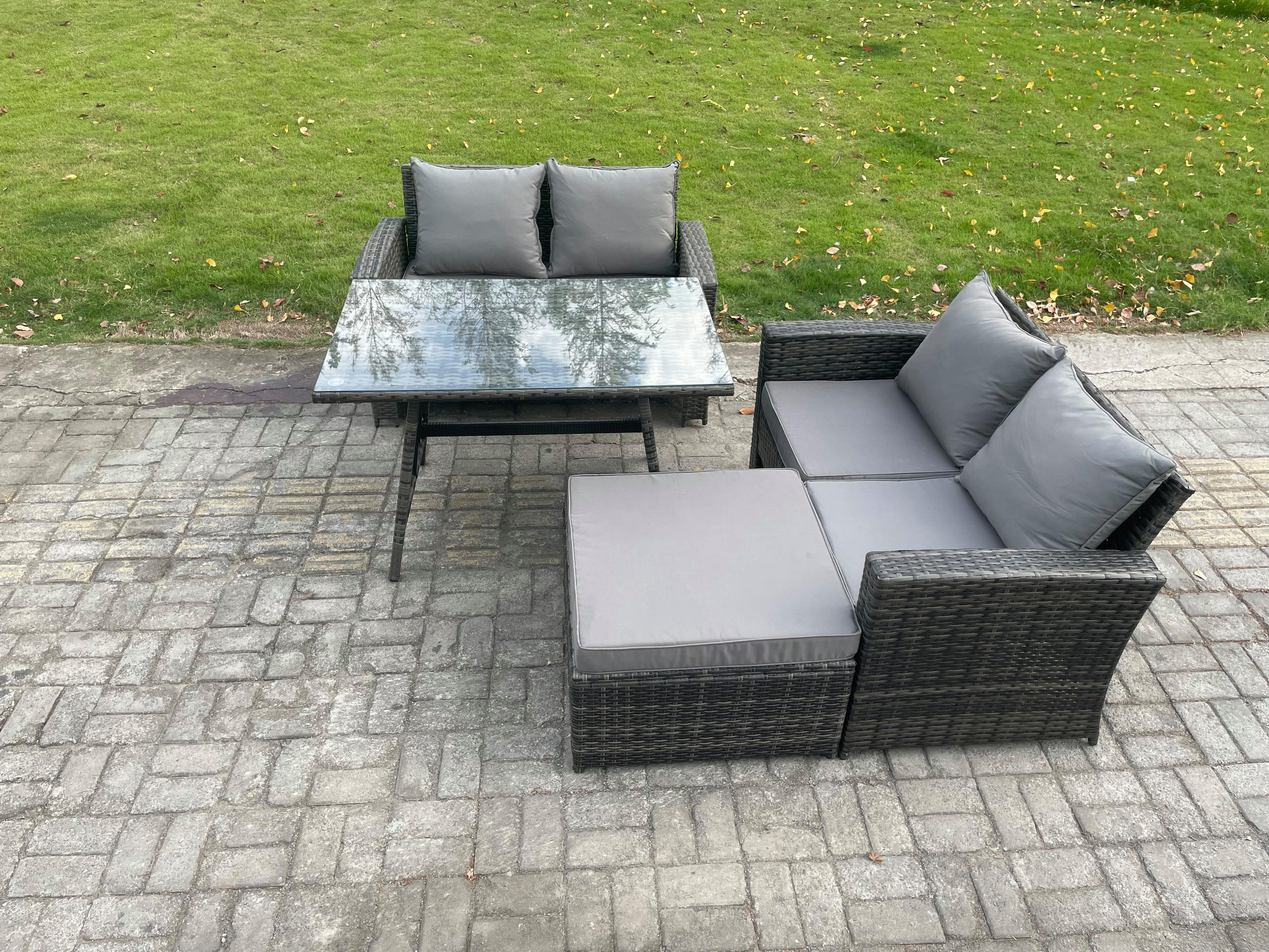 GARTENMÖBELSET mit ESSTISCH,HOCHLEHNER-SOFA Polyrattan Dunkelgrauer Mix 5-Sitzer - Dunkelgrau/Grau, Glas/Kunststoff - Fimous
