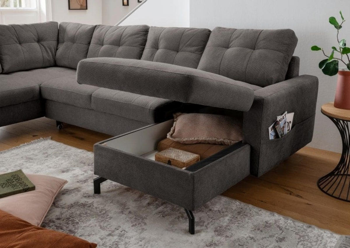 WOHNLANDSCHAFT mit Schlaffunktion und Bettkasten - Anthrazit/Schwarz, Textil/Metall (305/92/200cm) - myHomelando