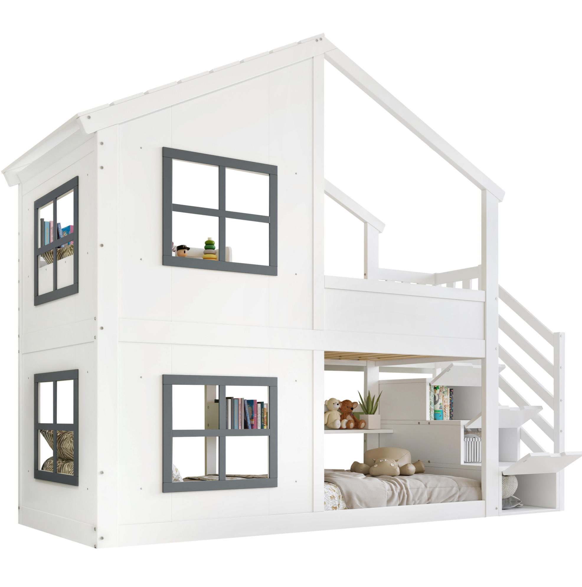 ETAGENBETT 90/200 cm weiß und grau aus Kiefer mit Treppen-Stauraum - Weiß, Holz (90/200cm) - OKWISH