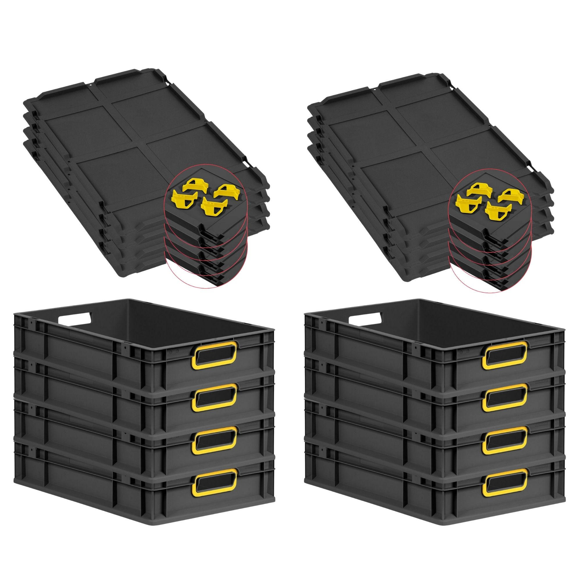 EUROBOX 8x NextGen Color mit Auflagedeckel 12x40x60 cm 23 Liter Schwarz Griffe gelb offen - Gelb/Schwarz, Kunststoff (40/12/60cm) - PROREGAL