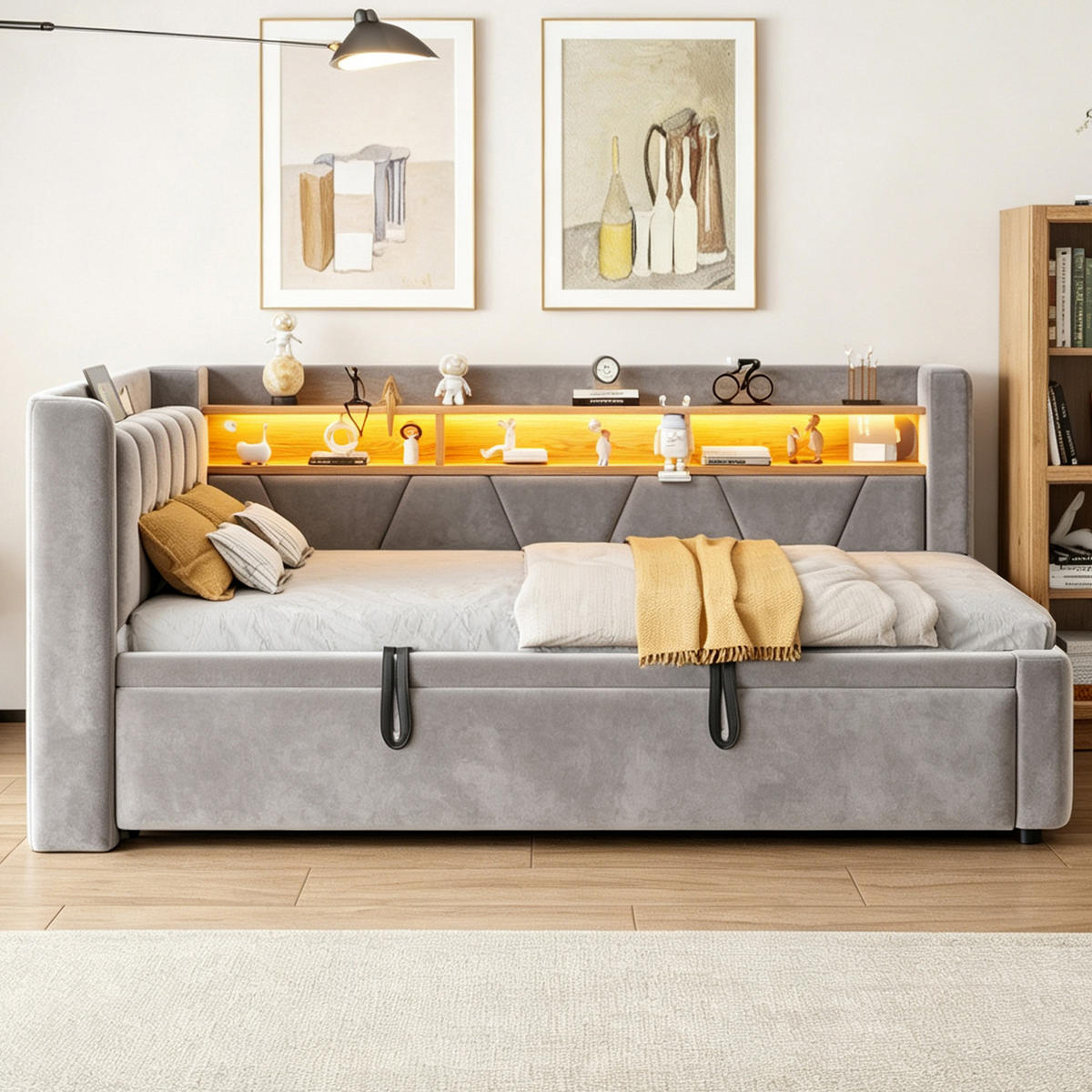 TAGESBETT 90x200/90x190 mit LED, USB/Stauraum, 3-in-1 Funktion, Samt, Grau - Grau, Holz (90/200cm) - LVHOM