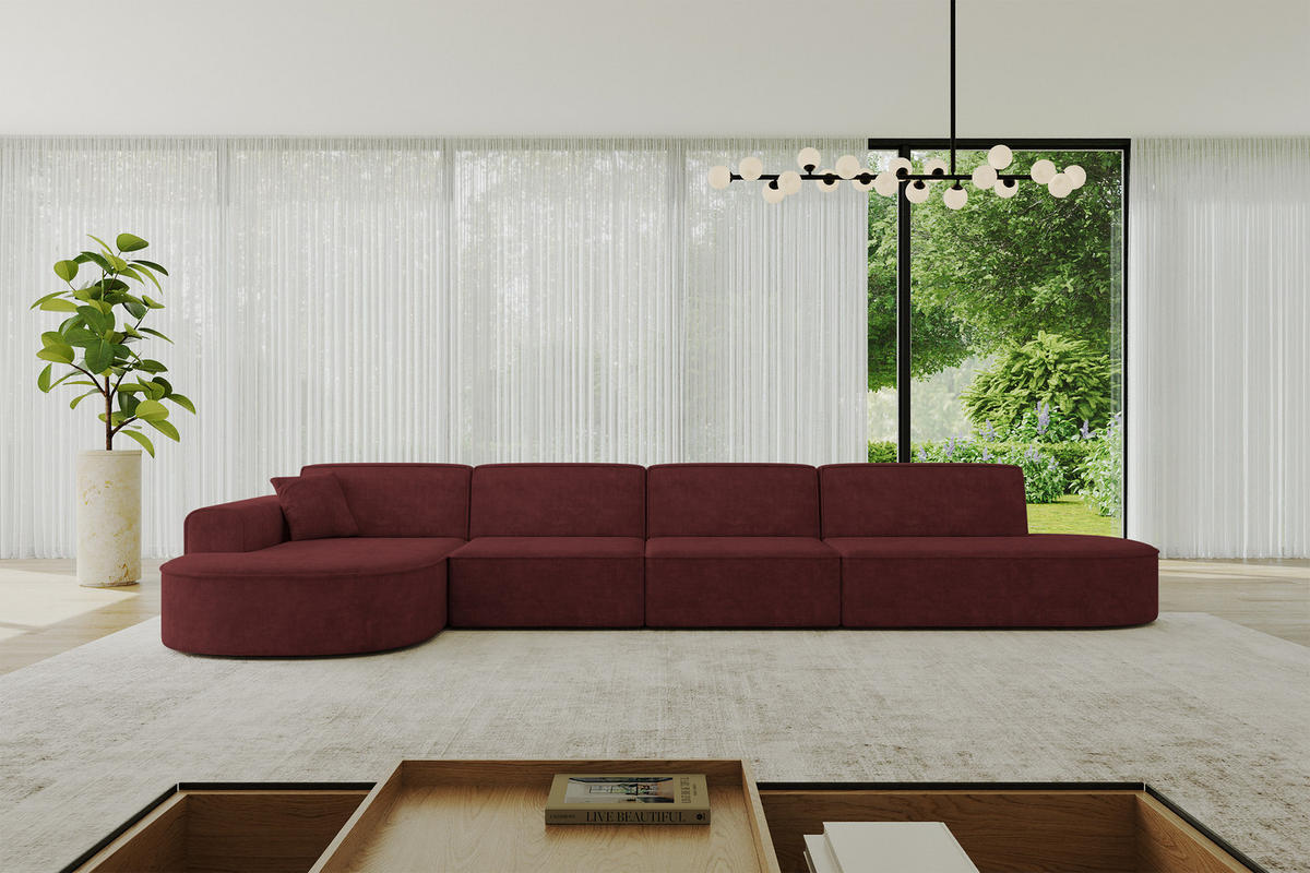 ECKSOFA Ottomane Links MARI-L3 - 413x171x79 cm Bordeaux Velours - Bordeaux/Schwarz, Holzwerkstoff/Kunststoff (413/171cm) - ALTDECOR