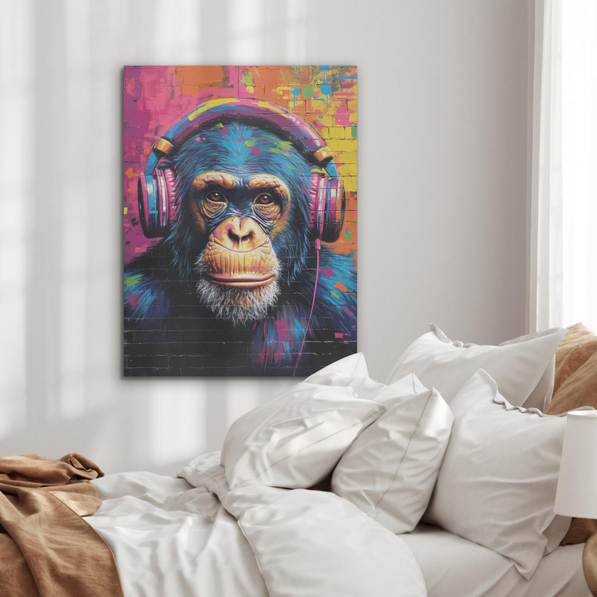 AKUSTIKPANEEL Graffiti - Schimpanse - Straßenkunst - Kopfhörer - Affe 60x80 cm - Blau, Textil (60/0.9/80cm) - MuchoWow