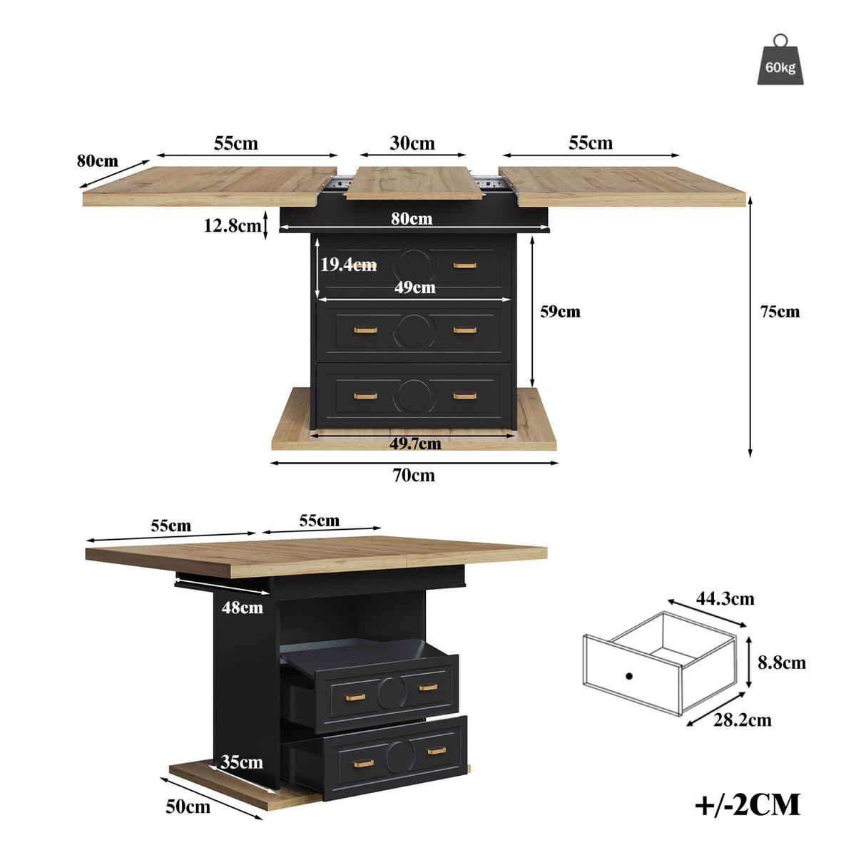 AUSZIEHTISCH 110/80/75 cm Natural Wood aus MDF mit Stauraum und Schubladen - Naturfarben, Holzwerkstoff (110/80/75cm) - OKWISH