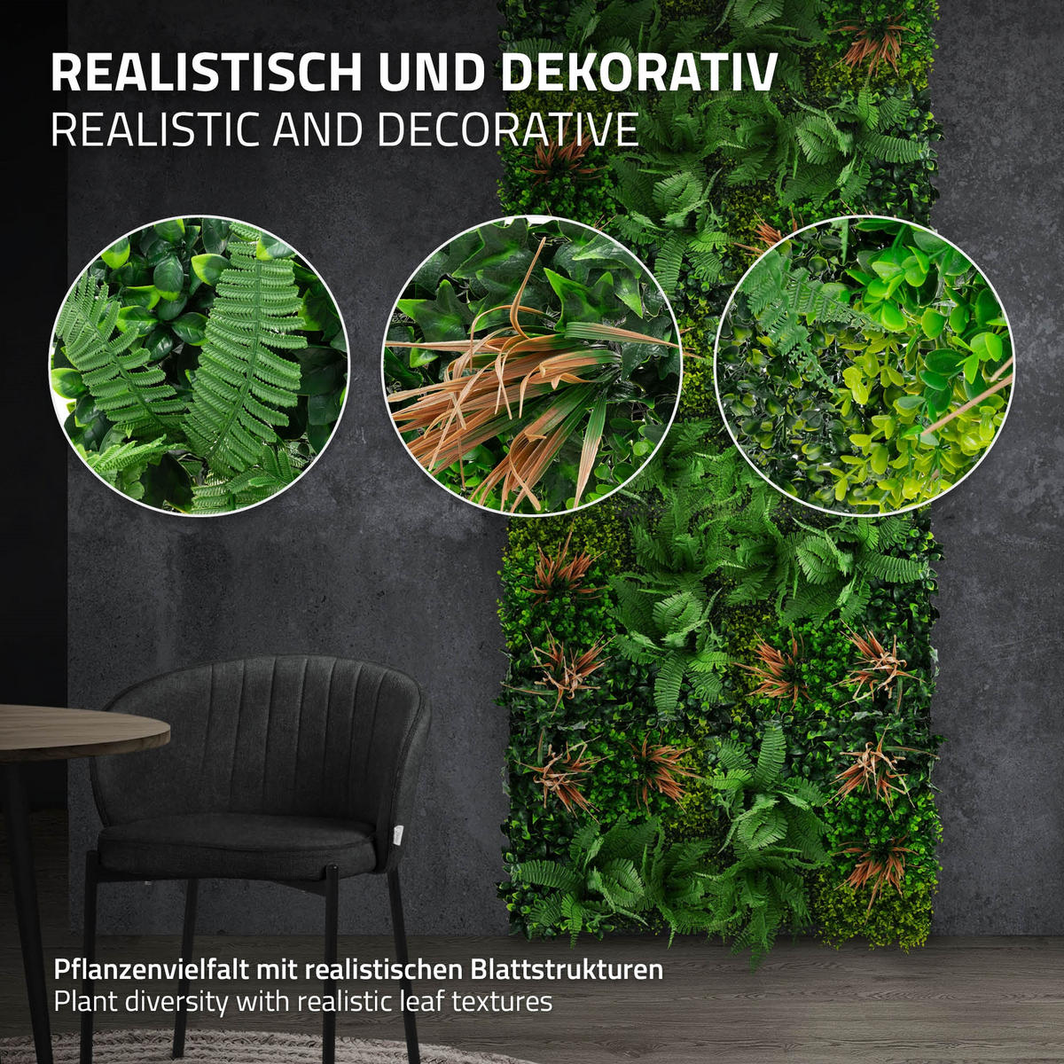 KÜNSTLICHE PFLANZENWAND 4er Set 50x50 cm Kunstpflanzen Wand Innen Aussen Grün Tropical Mix - Waldgrün/Kupferfarben, Kunststoff (50/50/10cm) - ECD-Germany
