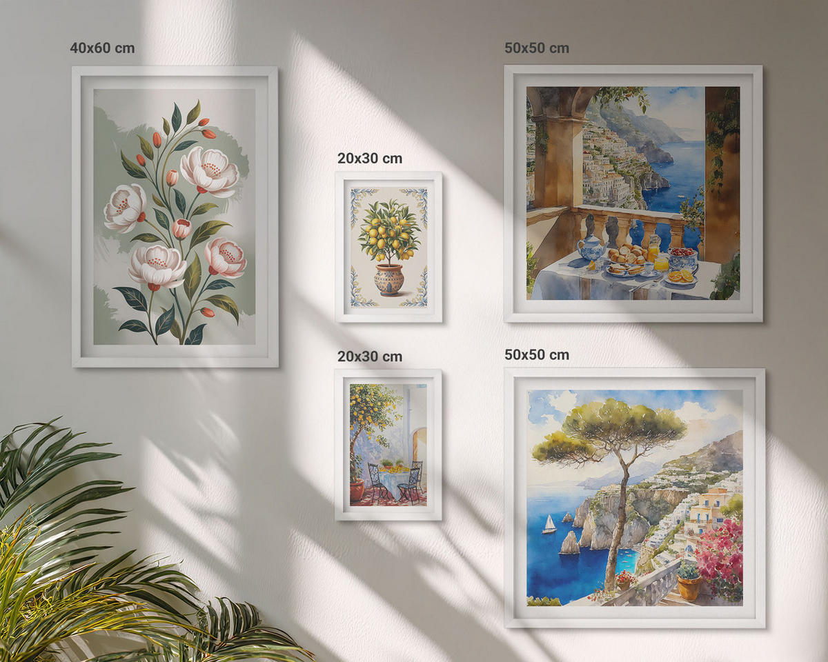 BILDER SET 5er Set - 50x50 cm & 20x30 cm & 40x60 cm Weißer Rahmen - Blick auf das Meer aus Zitronenbäumen - Weiß, Kunststoff (40/60cm) - TULUP