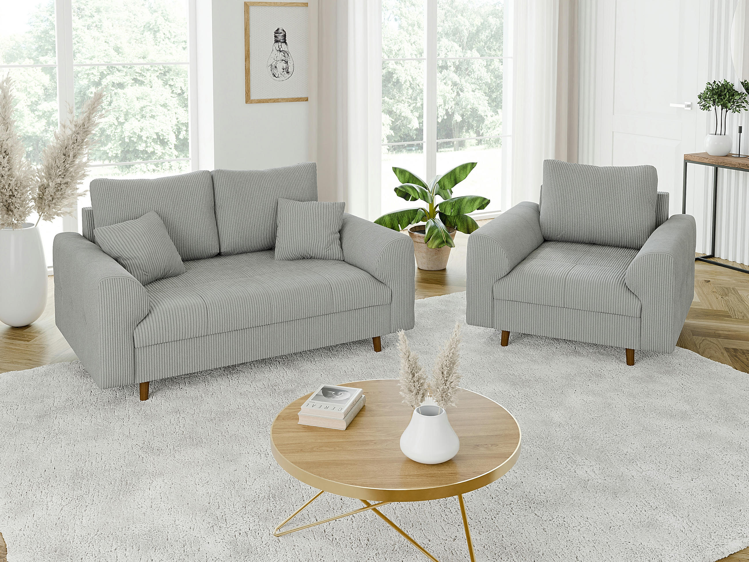 SITZGARNITUR 2+1 Alma Hellgrau Cord - Hellgrau/Braun, Holz/Textil (150/81/93cm) - S-Style Möbel