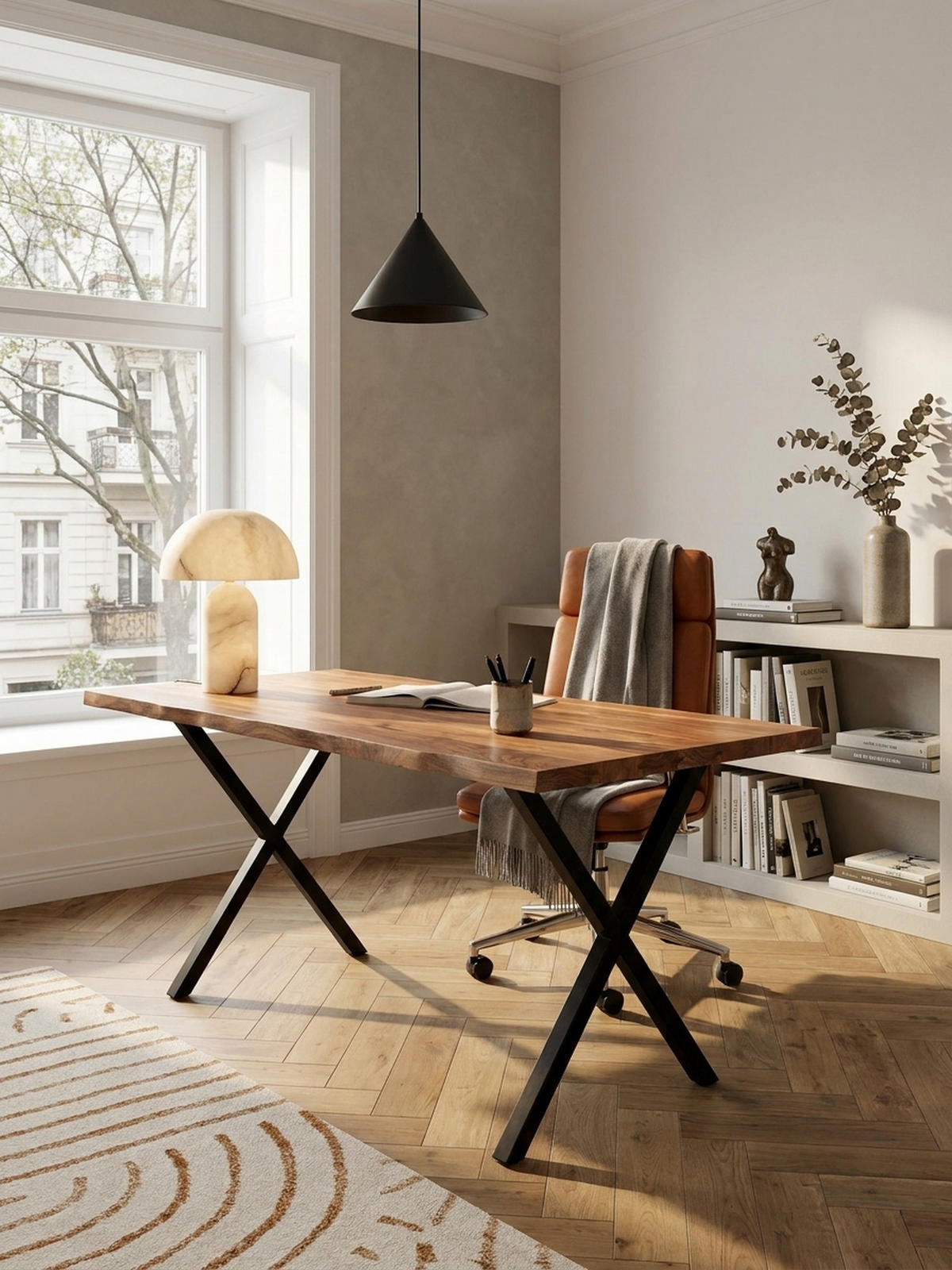 SCHREIBTISCH Massivholz X-Gestell Baumkante Handgefertigt KRETA, Goldbraun-Schwarz 140x80x76 cm - Schwarz/Braun, Holz/Metall (80/140/76cm) - KADIMA DESIGN