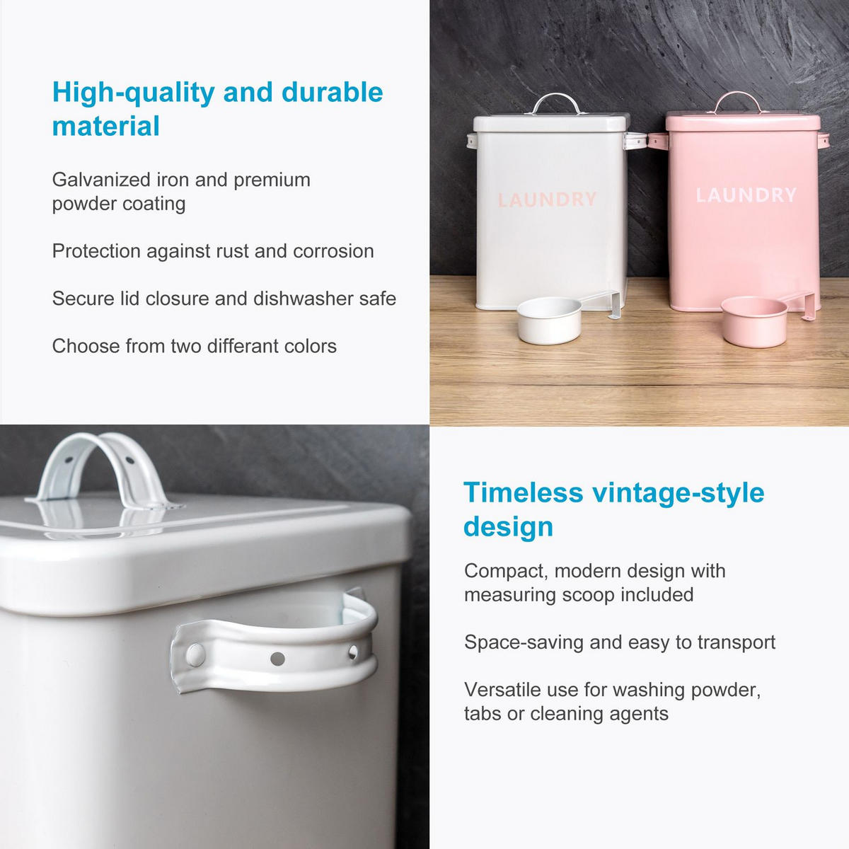 WASCHMITTEL AUFBEWAHRUNGSBOX mit Deckel und Dosierlöffel - Weiß, Metall (18/25/28cm) - Intirilife