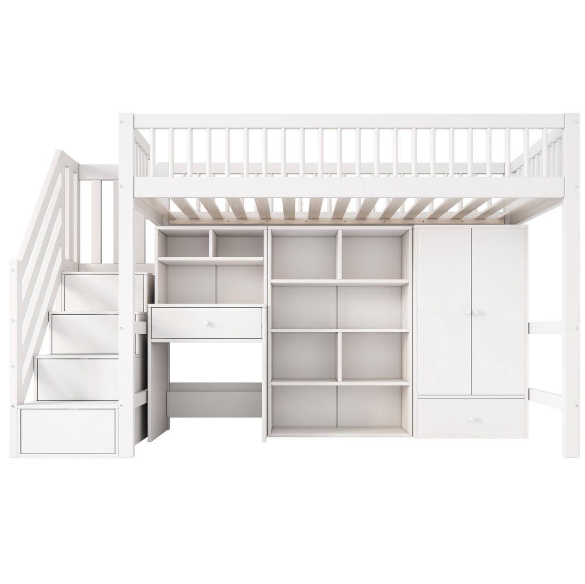 KINDERBETT Hochbett 90/200 cm aus Massivholz und MDF mit Schreibtisch, Stauraumtreppe und Kleiderschrank Weiß - Weiß, Holzwerkstoff (90/200cm) - Modenvie