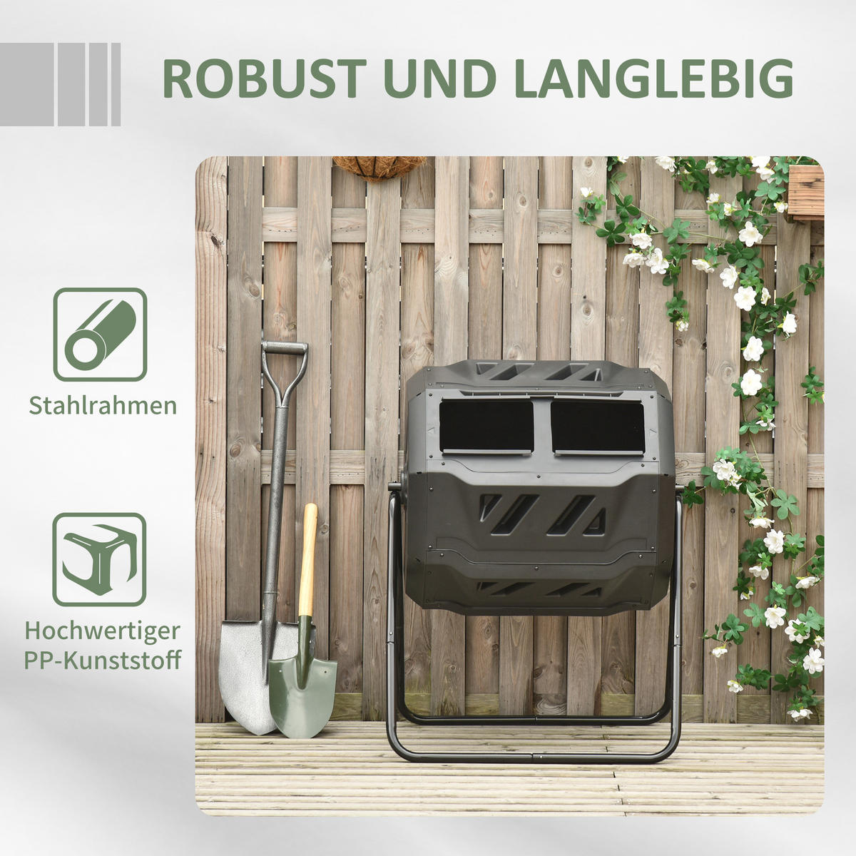 TROMMEL-KOMPOSTER, 2 Kammern, für Bio- und Garten-Abfälle, Stahl, Kunststoff, Schwarz - Schwarz, Kunststoff/Metall (65/96/71cm) - Outsunny