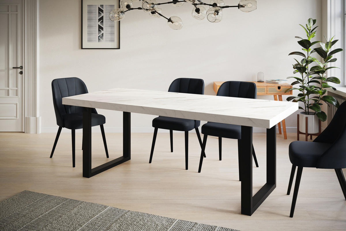 ESSZIMMERTISCH LOFT-U, ausziehbarer Tisch 140-240X80X77 cm, Farbe: MARMUR, mit Metallbeinen in Farbe Schwarz - Hellgrau/Schwarz, Holzwerkstoff (140/80/77cm) - Alpi-Möbel