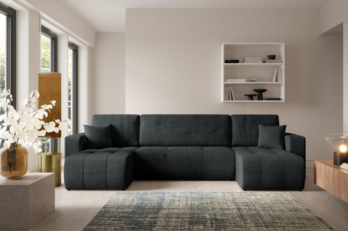 WOHNLANDSCHAFT mit Schlaffunktion Schwarz - Schwarz, Textil (315/70/145cm) - Furnisell