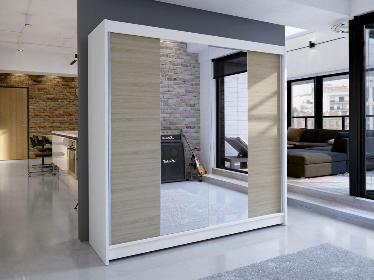 SCHWEBETÜRENSCHRANK Talin II - Beige/Silberfarben, Holzwerkstoff/Metall (180/215/58cm) - MIRJAN24