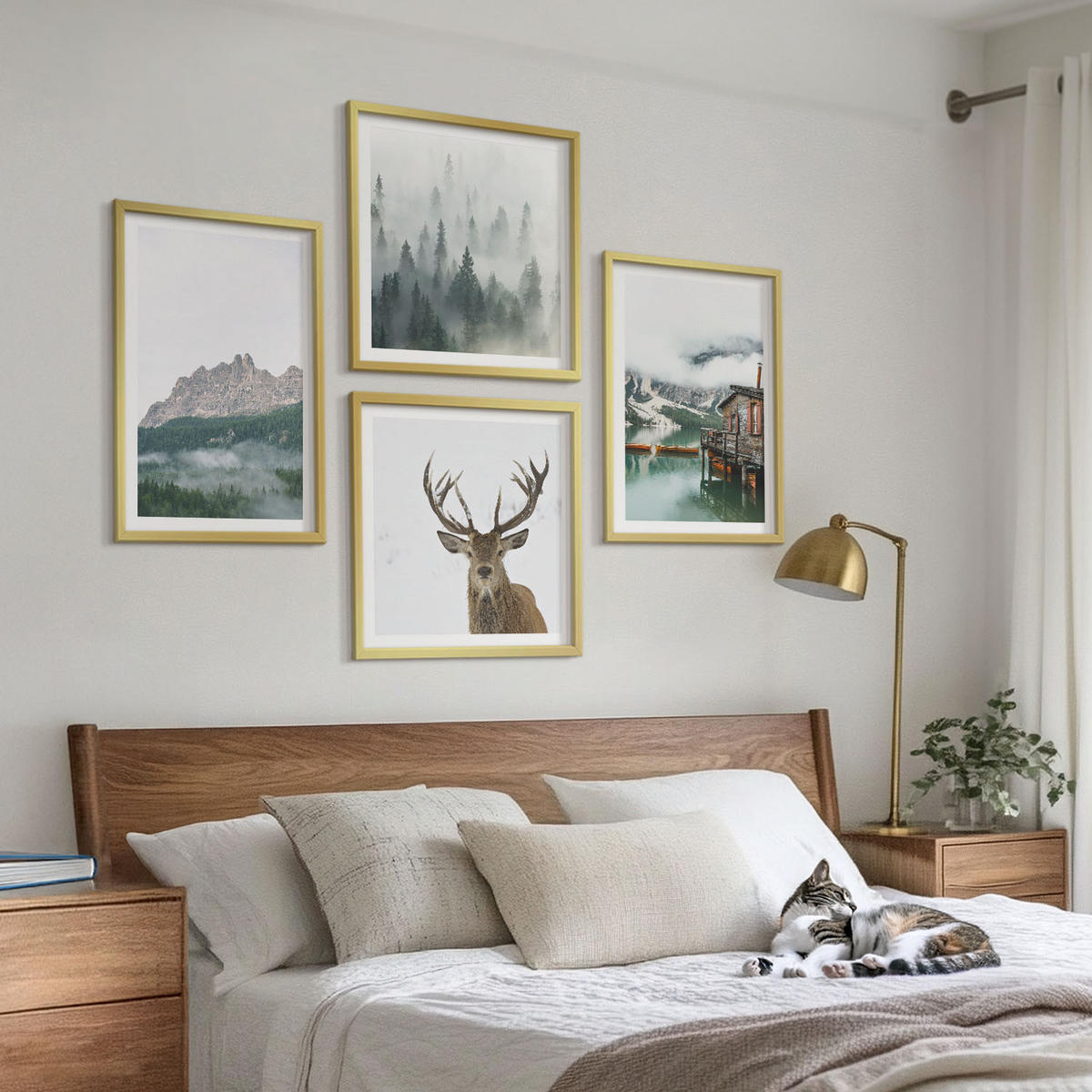 WANDBILDER 4er Set - 50x50 cm & 40x60 cm Goldrahmen - Berge, See, Hirsche, Hütte, Nebel - Goldfarben, Kunststoff (50/50cm) - ArtPrintCave