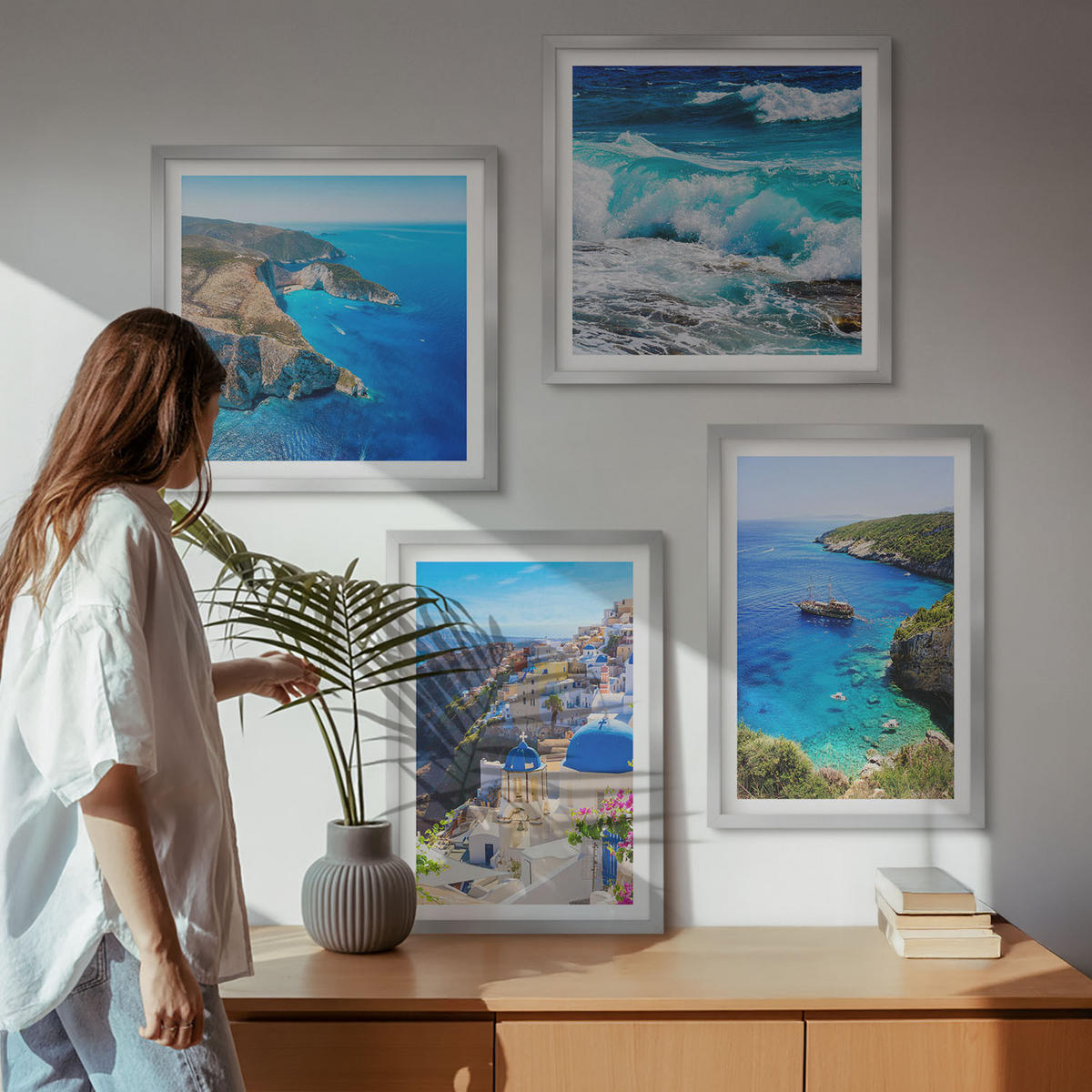 BILDER SET 4er Set - 50x50 cm & 40x60 cm Silberner Rahmen - Griechische Ansichten von Santorin Oia - Silberfarben, Kunststoff (50/50cm) - TULUP