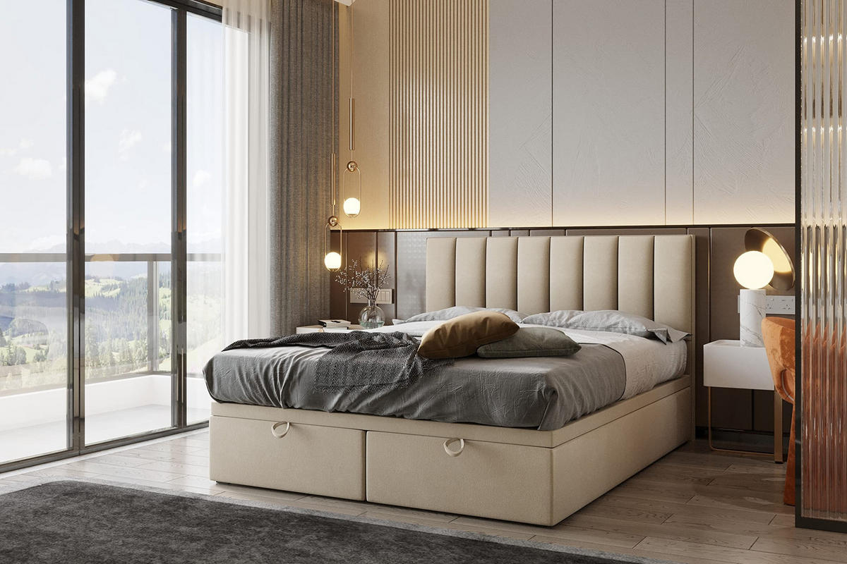 BOXSPRINGBETT BOND - Bett mit Matratze und Bettkasten - mit gestepptes Kopfteil - Beige - 200x200 cm - Beige, Textil (200/200cm) - Trada