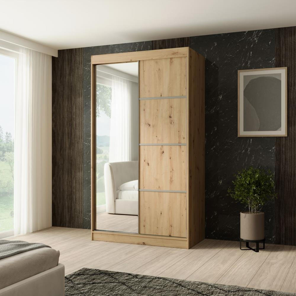 SCHWEBETÜRENSCHRANK Paco 120/215/61 2-türig eiche Craft mit Spiegel - Eichefarben, Holzwerkstoff (120/215/61cm) - Beautysofa