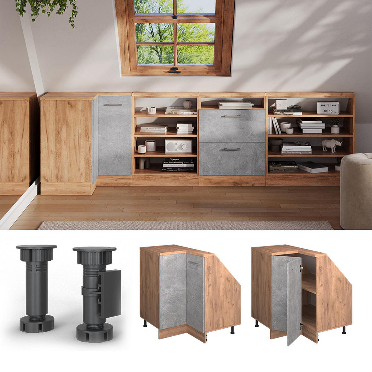 DACHSCHRÄGENSCHRANK ECKSCHRANK Rion Beton/Goldkraft Eiche 75.6 x 81.6 cm mit 1 Tür - Honigeiche/Grau, Holzwerkstoff (75.6/81.6/75.6cm) - Vicco