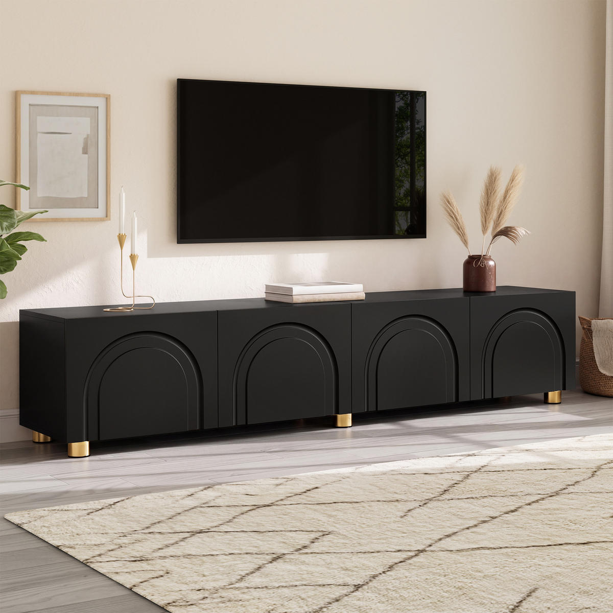TV-SCHRANK Lowboard 4 Türen Bogenrelief Metallfüße modern - Schwarz, Holzwerkstoff (35/40/180cm) - FLIEKS