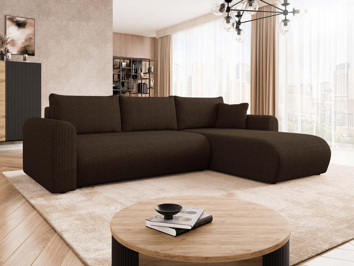 ECKSOFA Eliwo Cord - Schwarz/Braun, Holz/Textil (252/158cm) - MIRJAN24