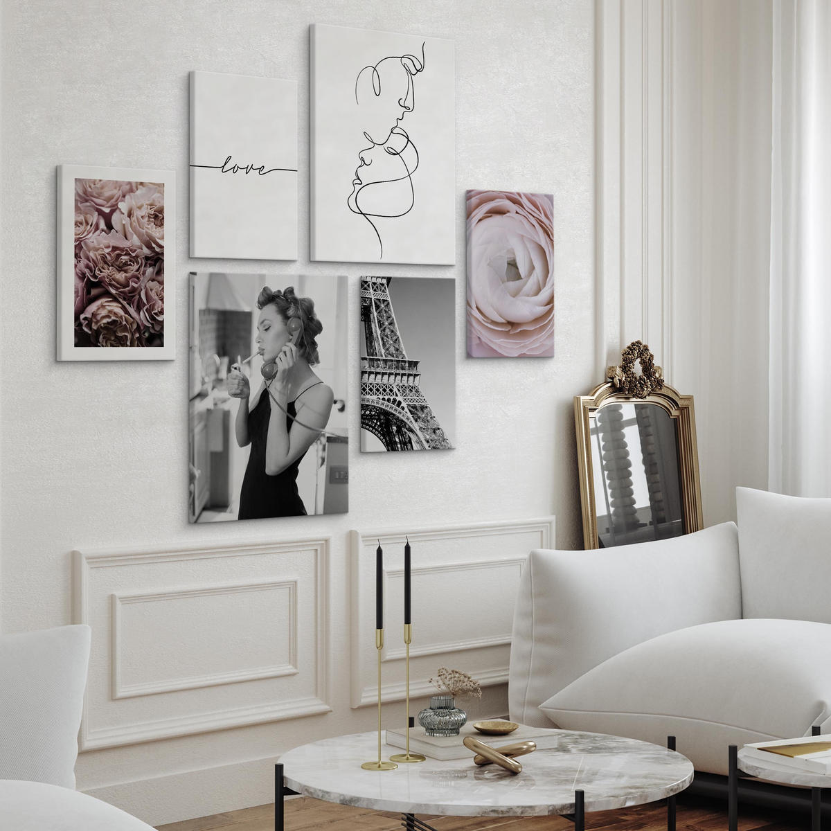 LEINWANDBILDER 6-er Set Blumen Paris - Beige/Schwarz, Textil (90/80cm) - Muralo