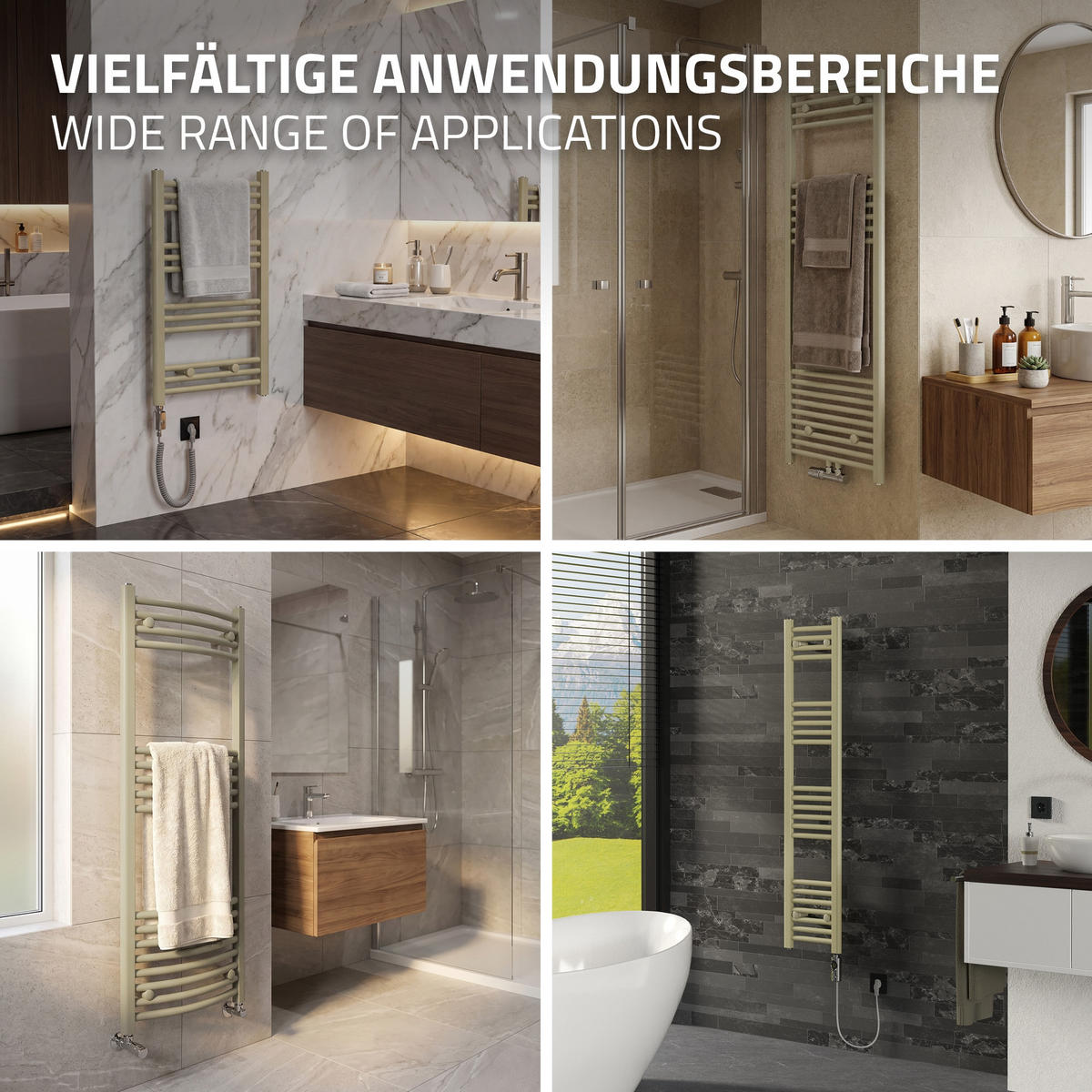 HANDTUCHHEIZKÖRPER elektrisch 400 x 1200 mm Beige Badheizkörper gebogen mit Seitenanschluss mit Heizstab 600W - Beige, Metall (40/120/3cm) - LuxeBath