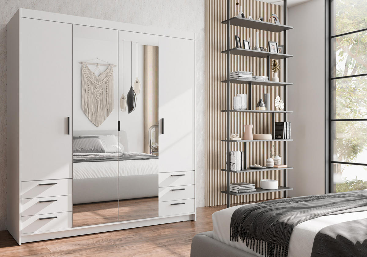 KLEIDERSCHRANK Storicos Weiß 176,3/190,5/53 cm - 4T6S Modern mit Schubladen und Spiegel - Weiß, Holzwerkstoff/Kunststoff (176.3/190.6/53cm) - AX Living